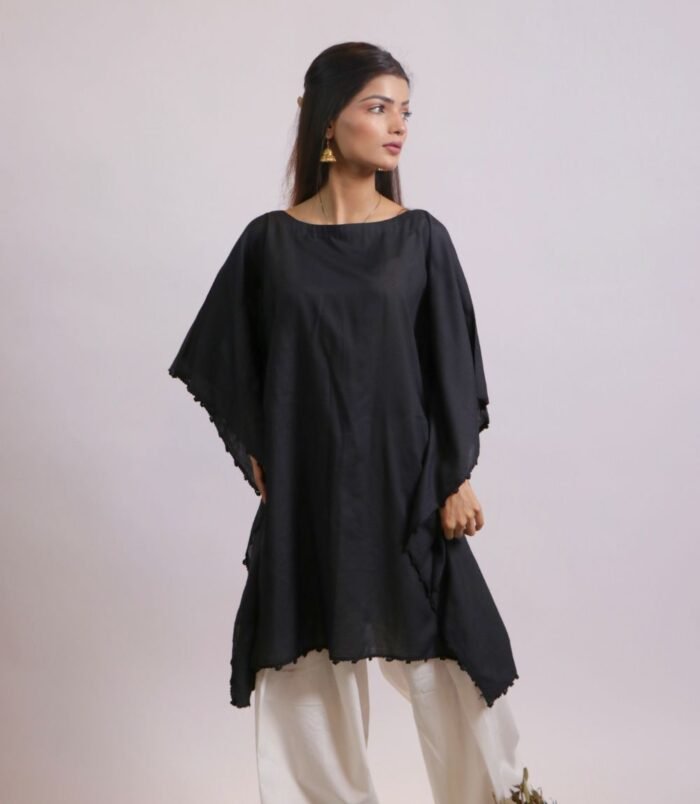 Raat Ki Rani black lawn kaftan with ivory farshi shalwar