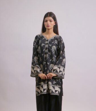 Siyah Gulab black and white printed shirt with farshi shalwar