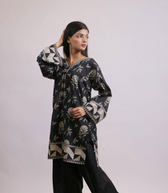 Siyah Gulab black and white printed shirt with farshi shalwar