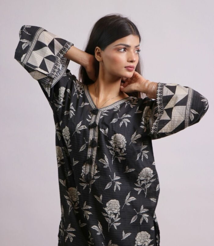 Siyah Gulab black and white printed shirt with farshi shalwar