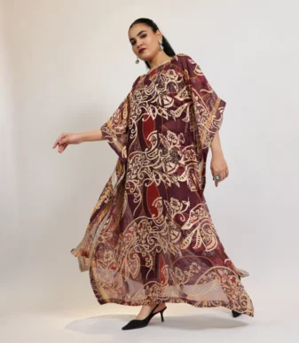 RUT Maroon & Gold Printed Flowing Kaftan Dress