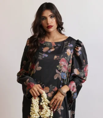 Bahar-e-Noiré Black Floral Printed Two-Piece Ensemble